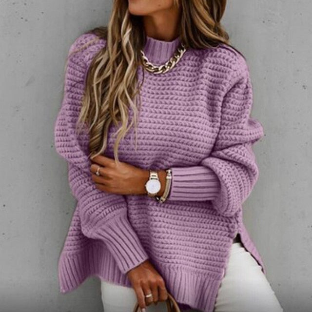 Women High Neck Pullover Long Sleeve Chunky Knit Sweaters
